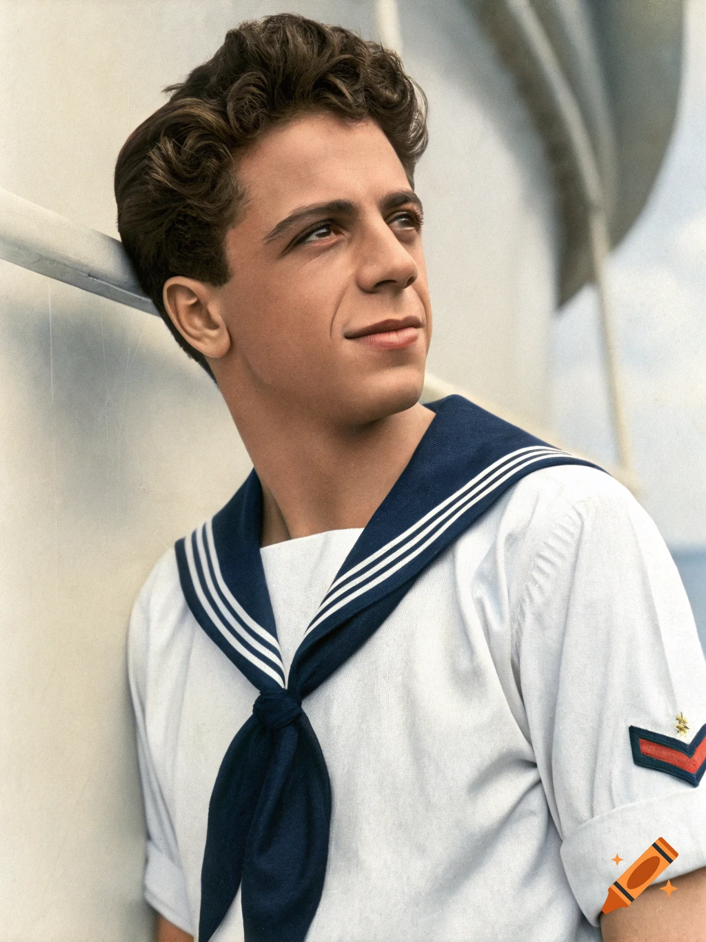 Young man in a sailor uniform looking upwards