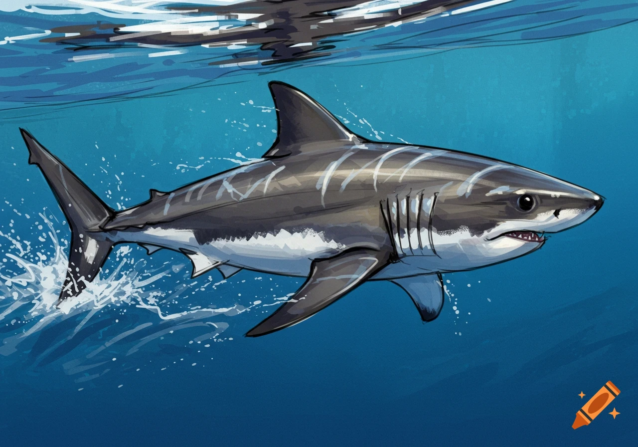 Sketch illustration of a shark swimming underwater