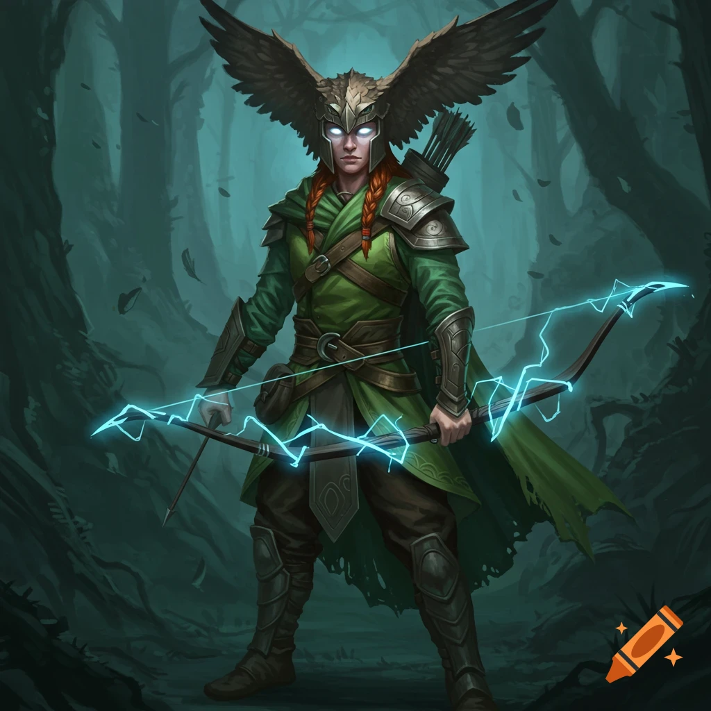 A fantasy archer wearing an eagle helmet and green clothes holds a bow crackling with electricity in a dark forest.