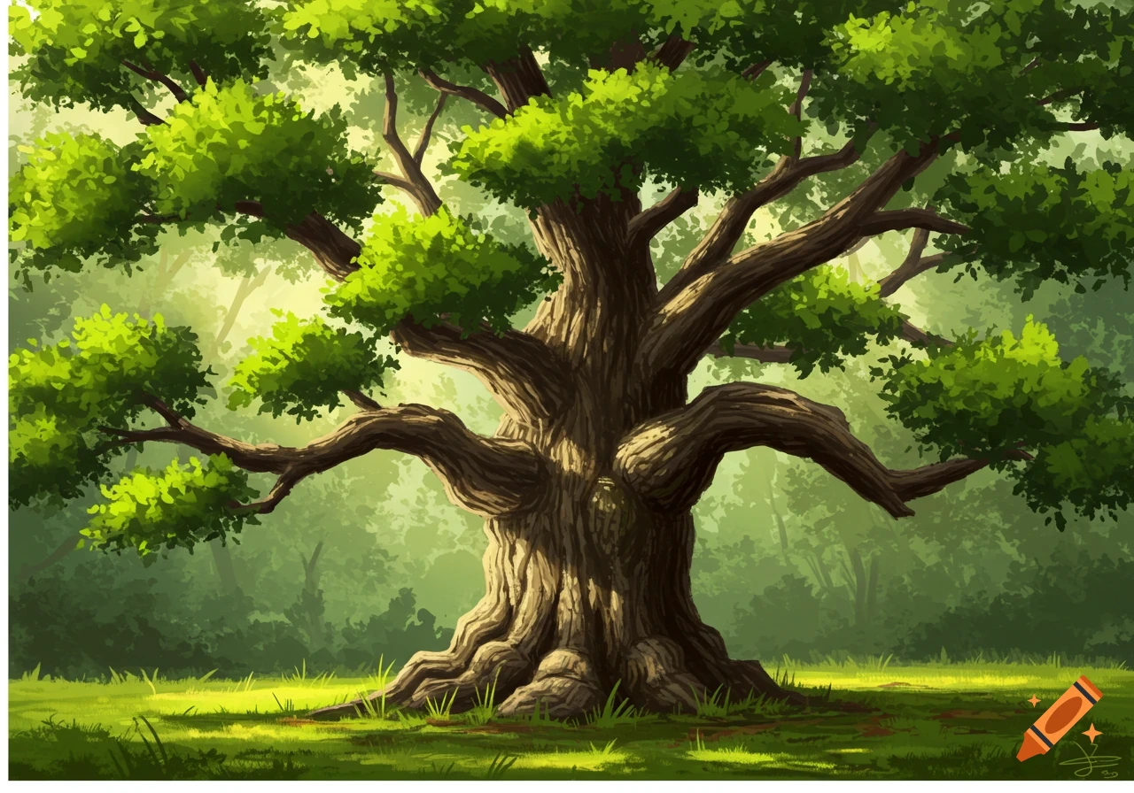 Stylized illustration of a large, ancient tree in a sunlit forest clearing.