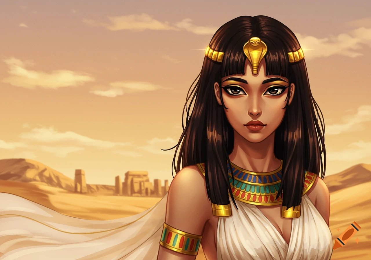 Illustrated portrait of an Egyptian woman in a desert with ancient ruins in the background.