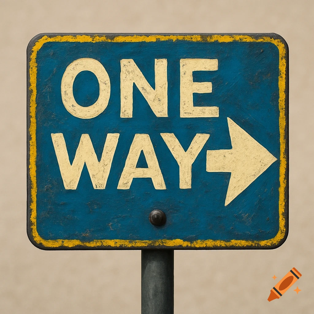 A weathered blue and yellow 'ONE WAY' sign with a right arrow.