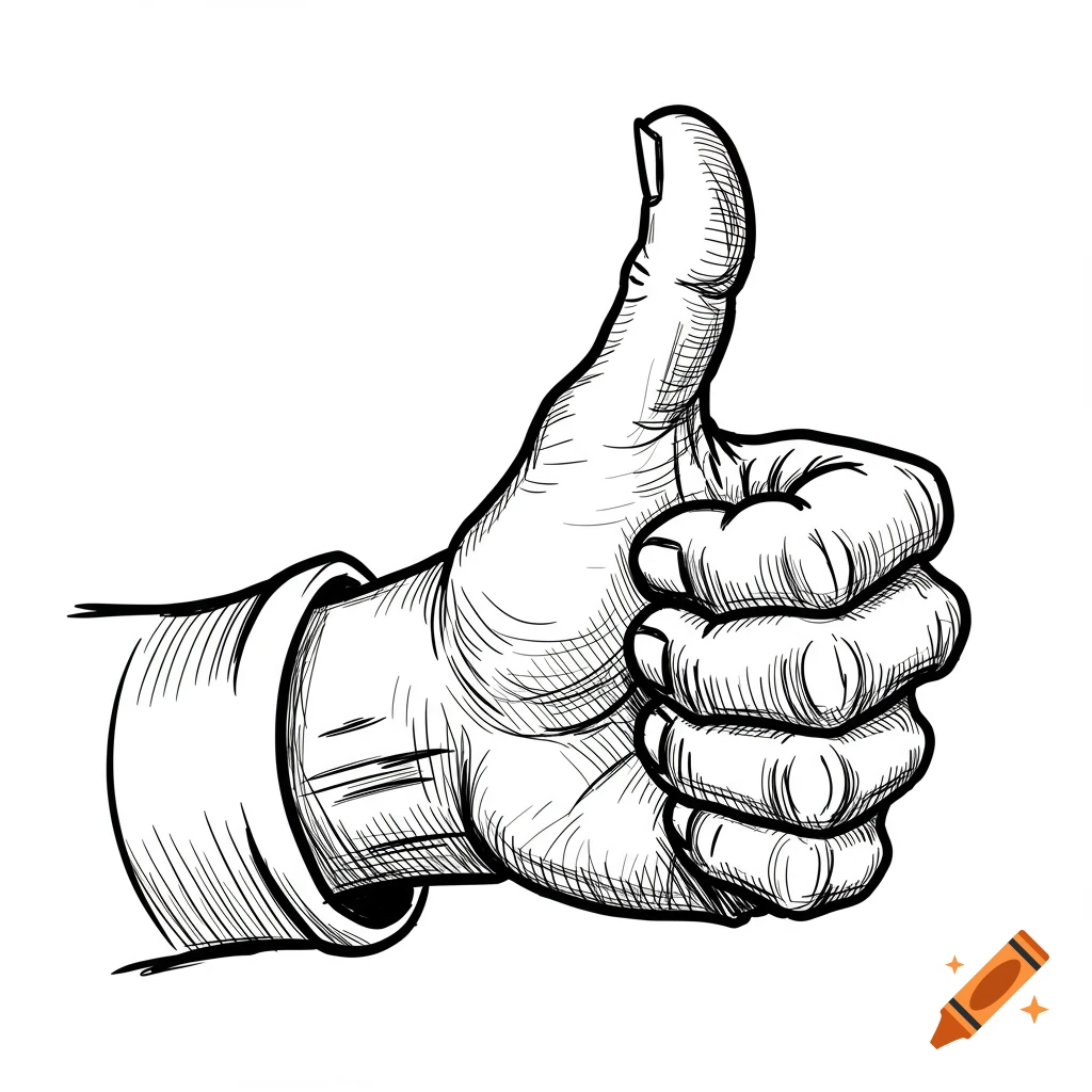 Black and white sketch of a hand giving a thumbs up.