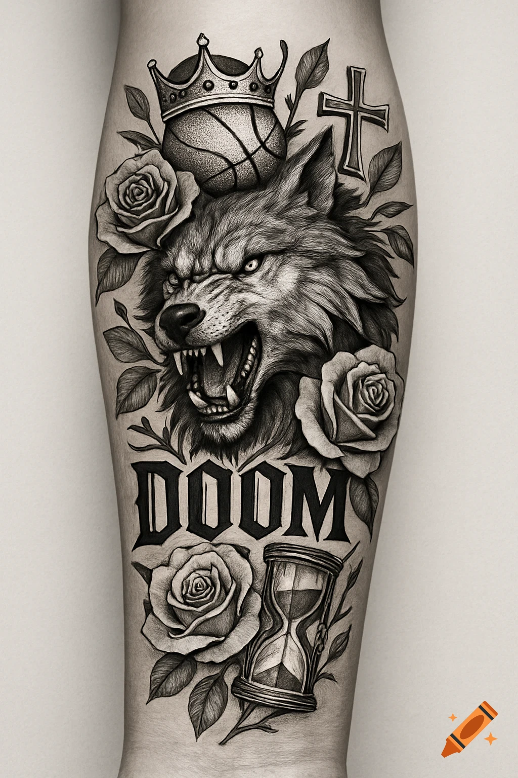 Black and white realistic tattoo design of a wolf head, roses, cross, hourglass, crowned basketball, and the word DOOM on an arm.