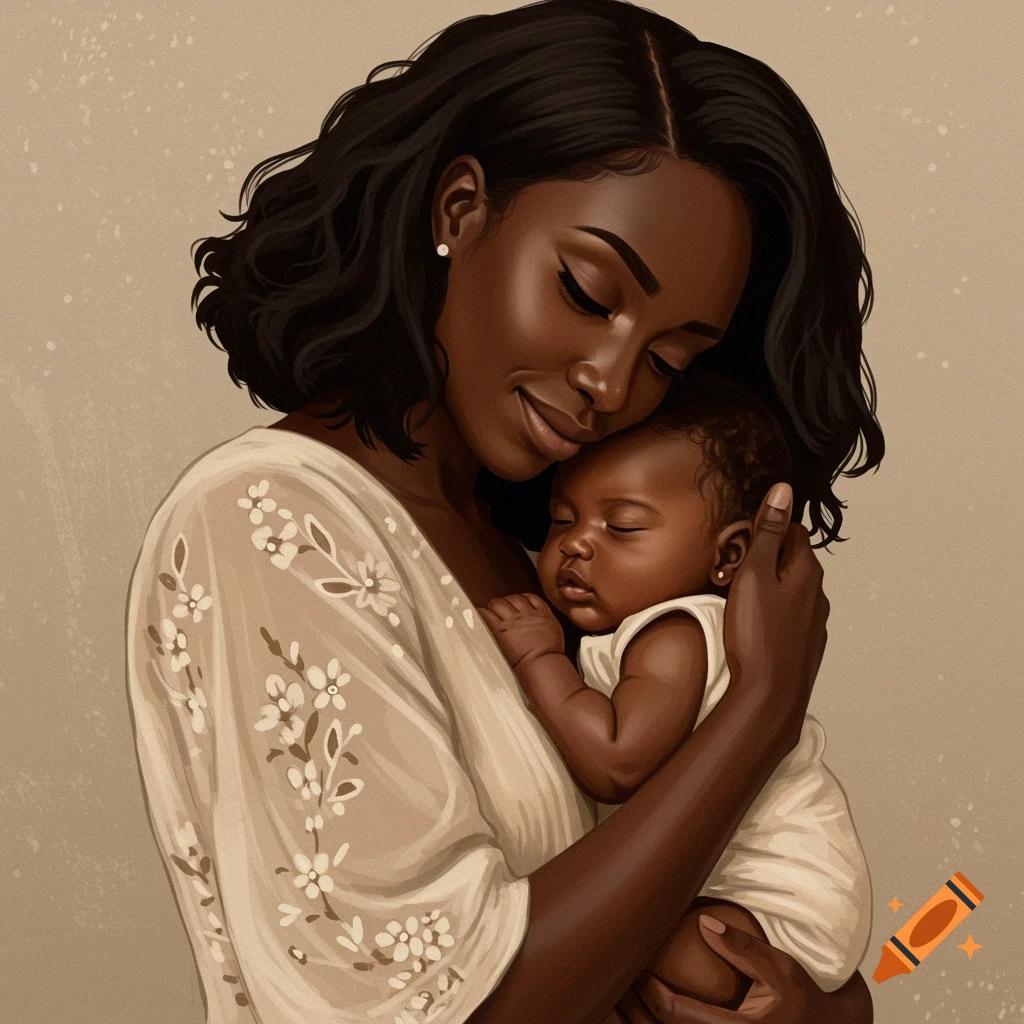 Illustrated portrait of a Black mother tenderly holding her baby.