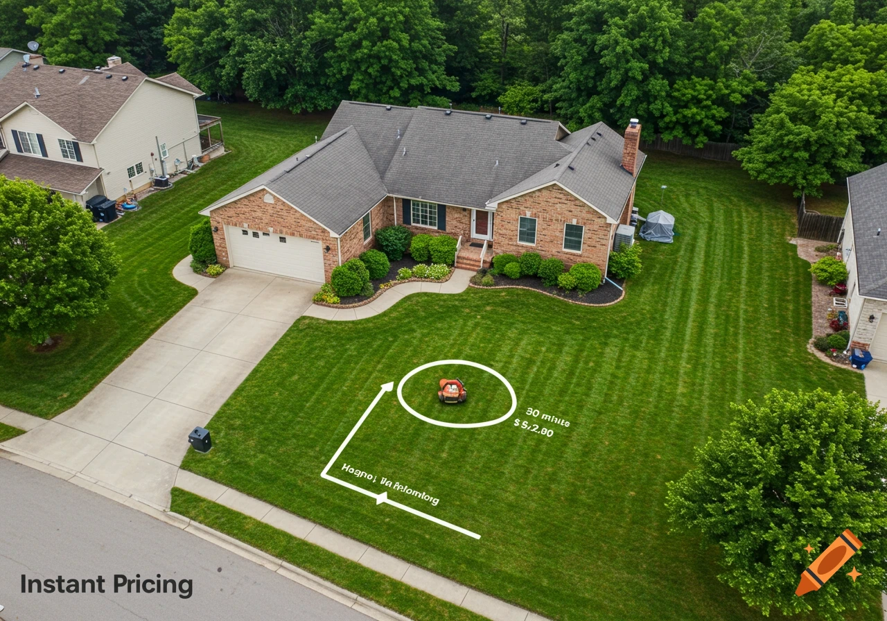 Aerial view of a suburban house with a large green lawn.