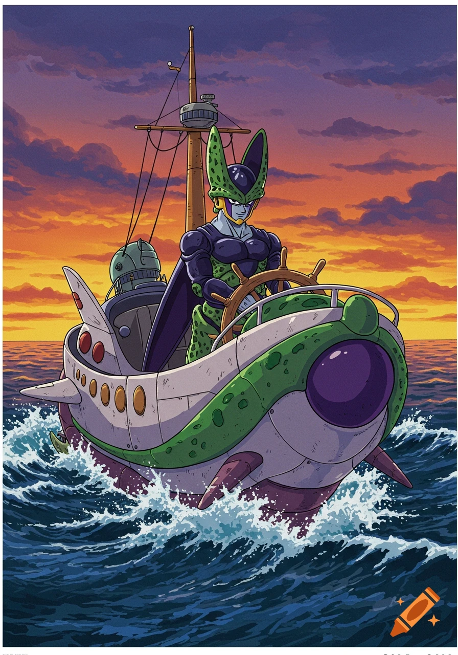 Cell from Dragon Ball pilots a boat on the ocean at sunset in anime style.