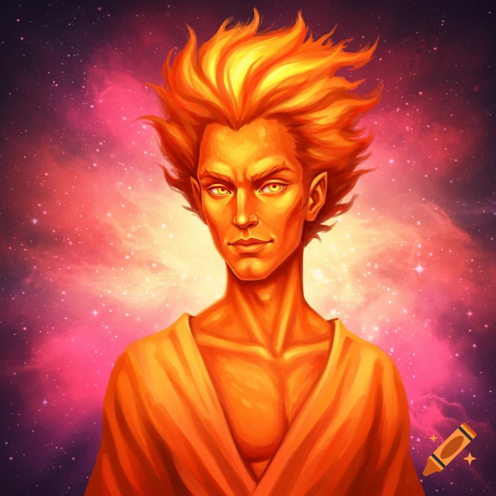 Portrait of a figure made of fire and light against a starry cosmic background.