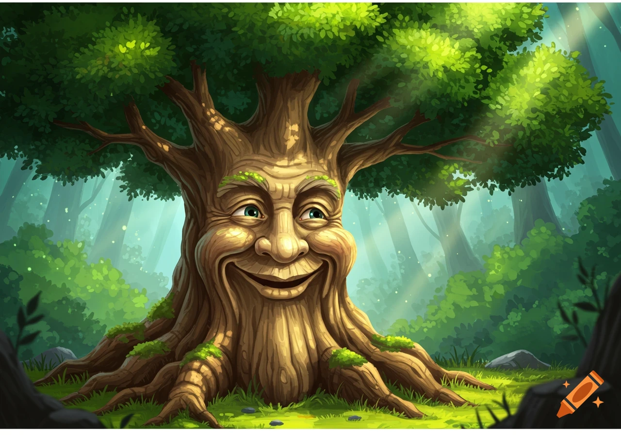 A large tree with a friendly, kind face carved into its trunk stands in a misty forest clearing.
