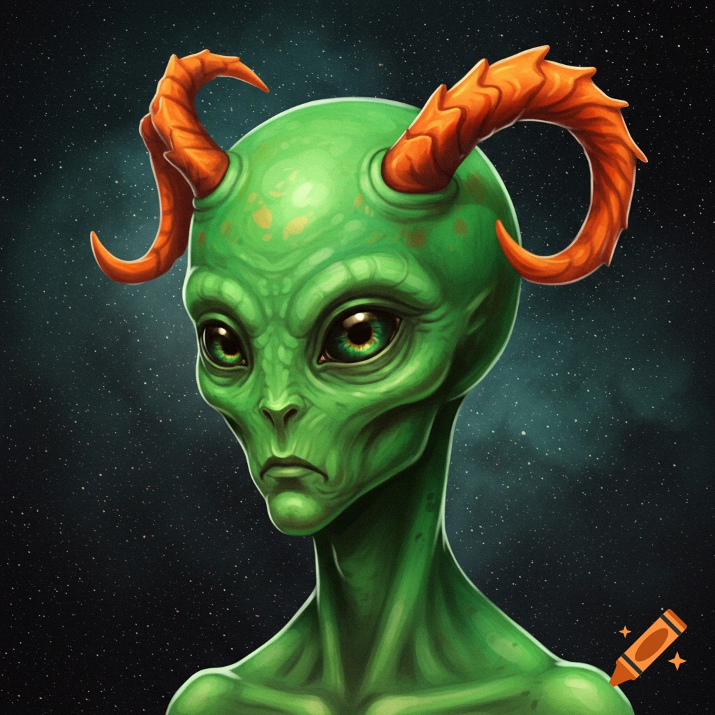 Portrait of a green alien with orange horns against a starry background.
