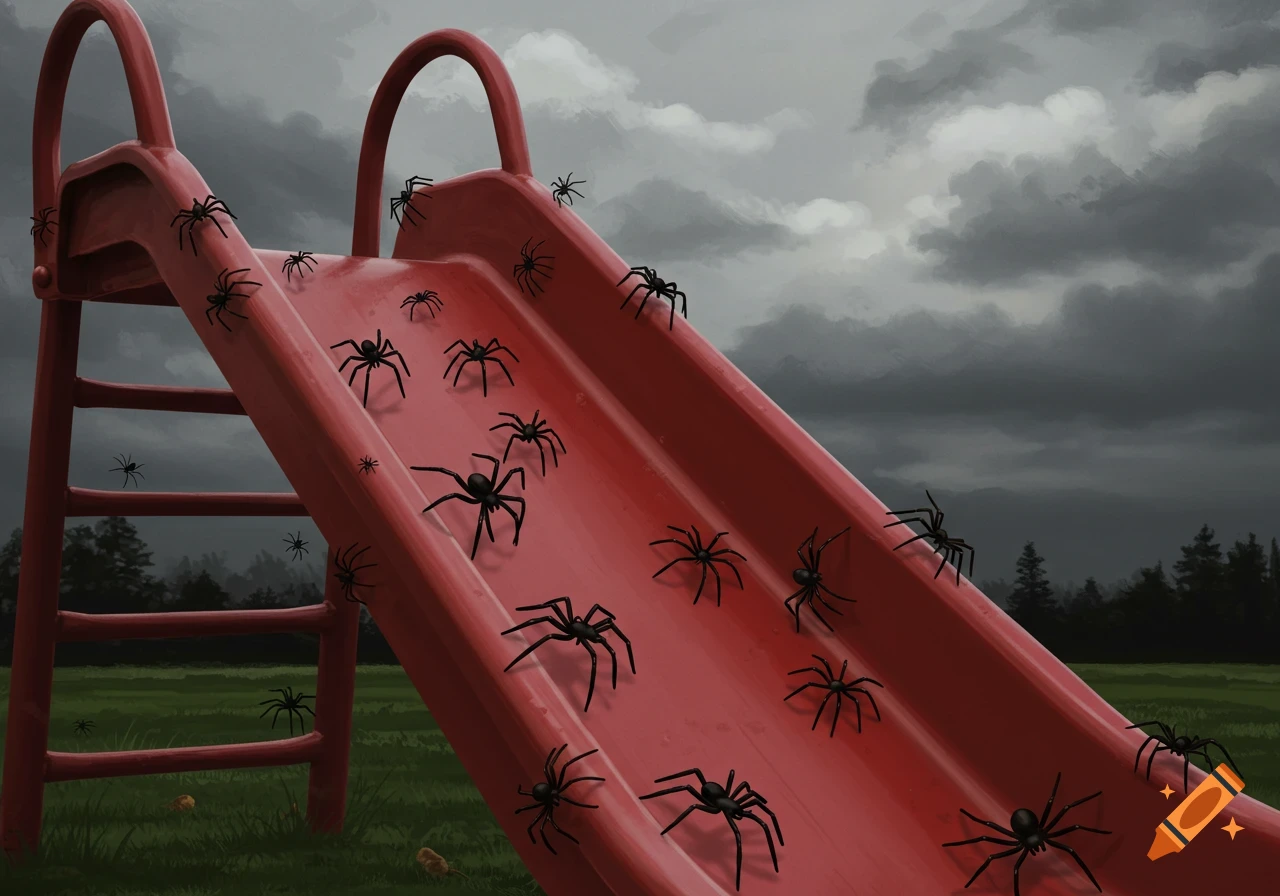 A red playground slide covered in many black spiders under a cloudy sky in a field.