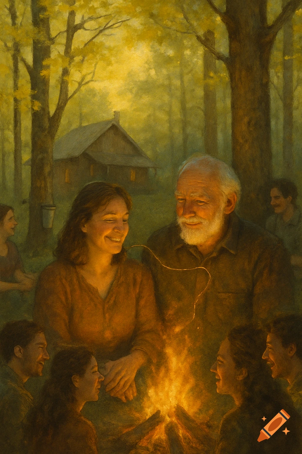 A group of people gathered around a campfire in a forest clearing near a cabin, painted in warm, earthy tones.