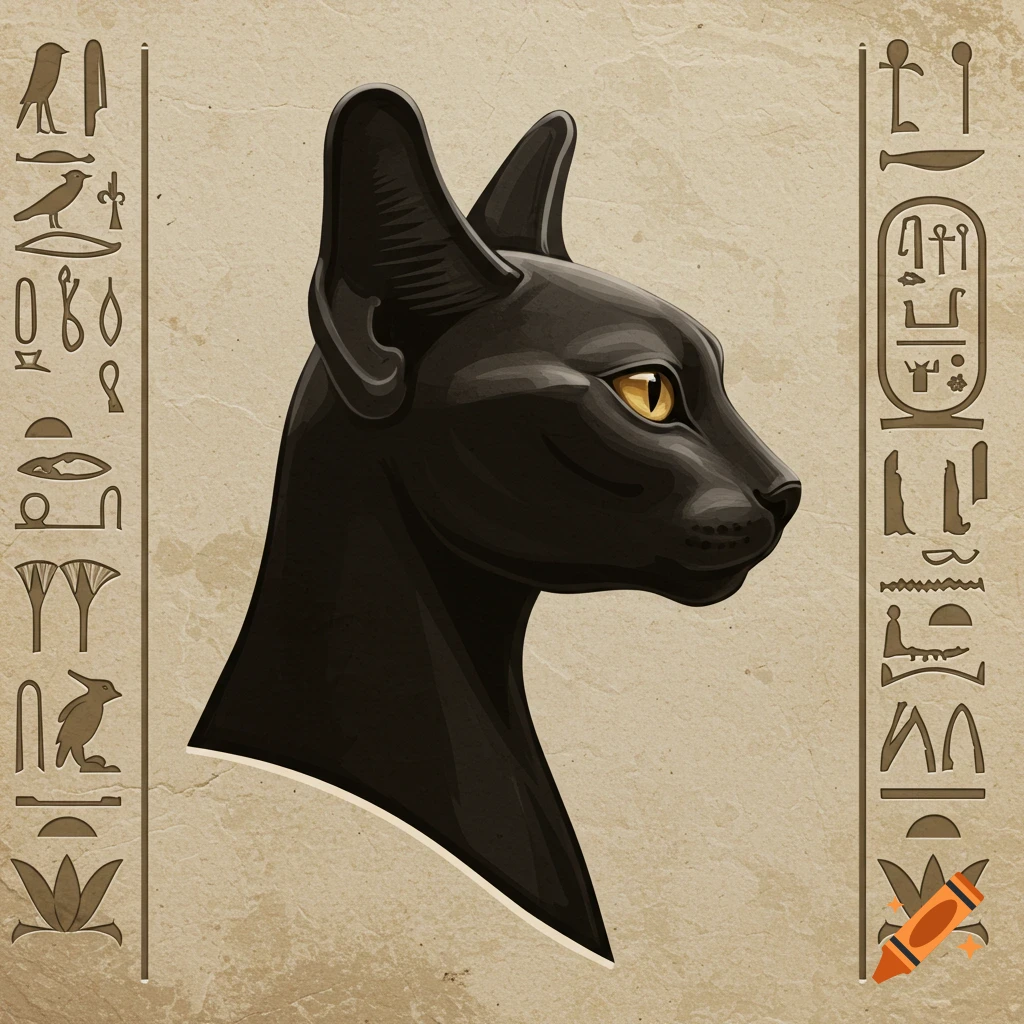 Egyptian style bas relief carving of a black cat profile with hieroglyphs