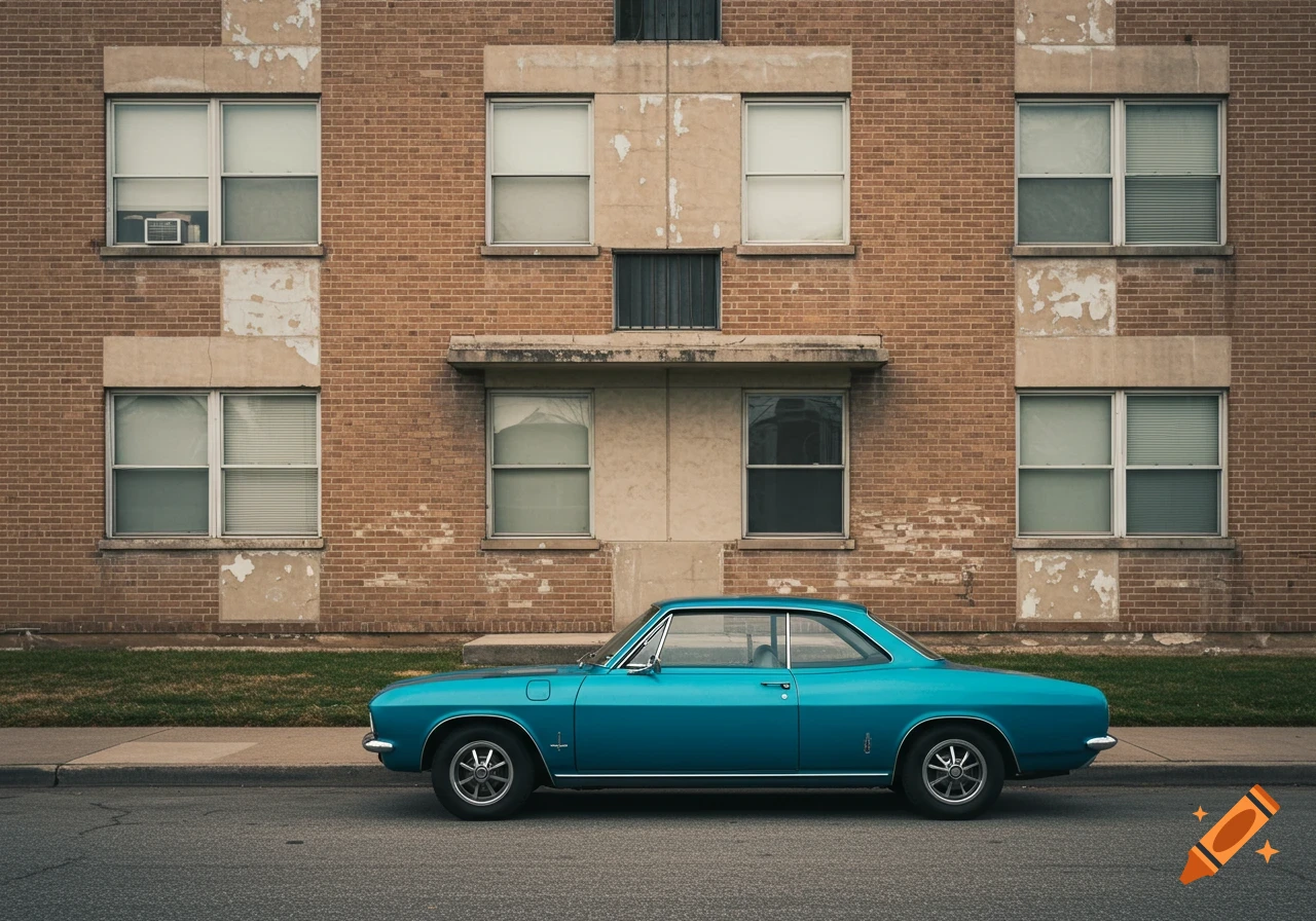 A turquoise classic car parked on a street in front of a brick building ...
