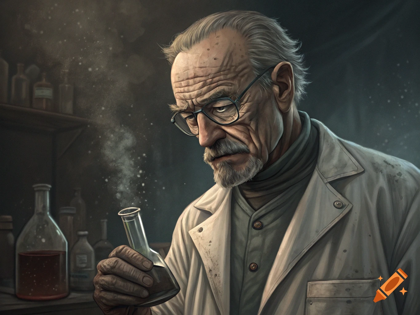 An old man with a beard and glasses in a lab coat holds a steaming flask in a laboratory.