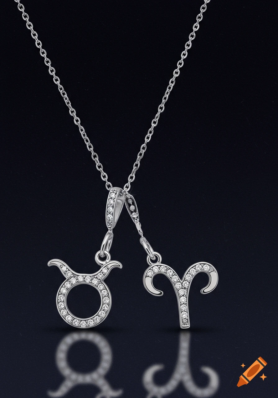 Silver necklace with diamond-studded Taurus and Aries zodiac sign charms.