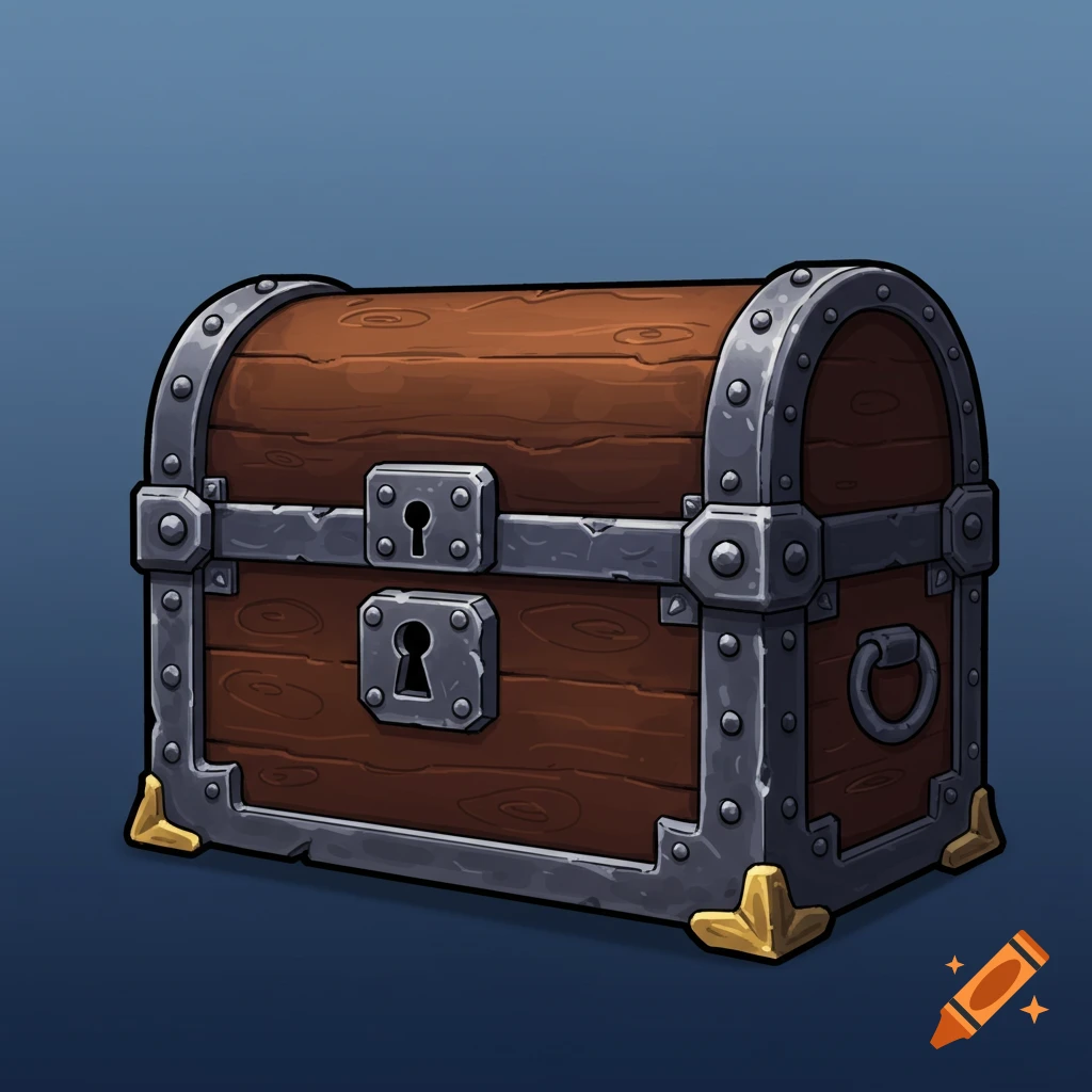 A stylized wooden treasure chest with metal fittings on a blue background.
