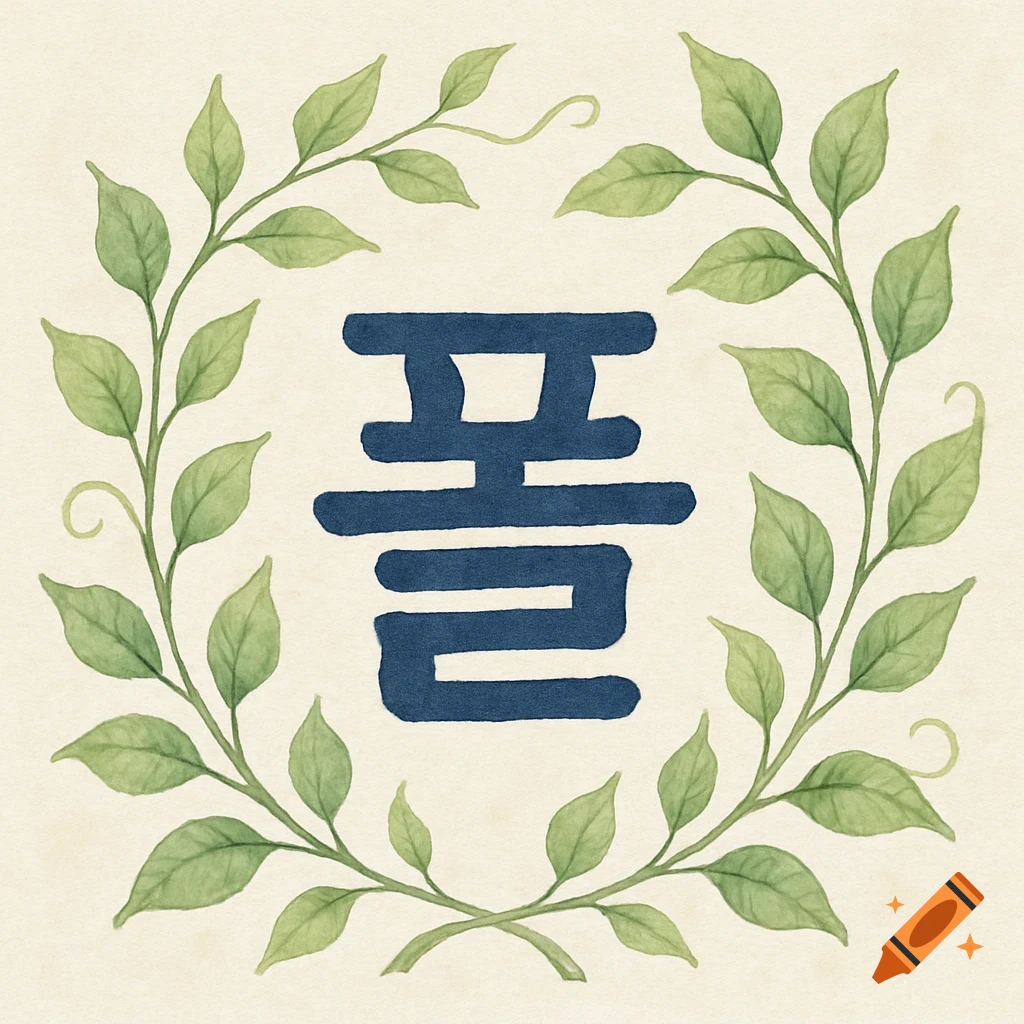 Watercolor illustration of Korean text ' 폴 ' (Paul) in a leaf wreath.