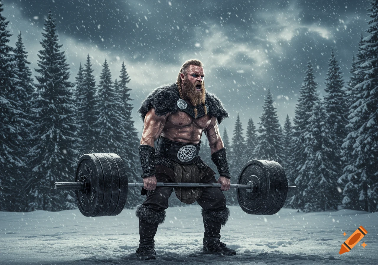 Muscular viking deadlifts heavy barbell in snowy forest storm
