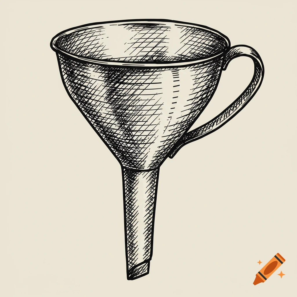 Hand-drawn sketch of a kitchen funnel with cross-hatching.
