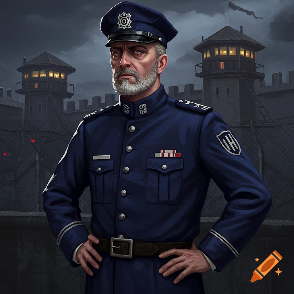 Illustration of a man in a blue uniform in front of a prison.