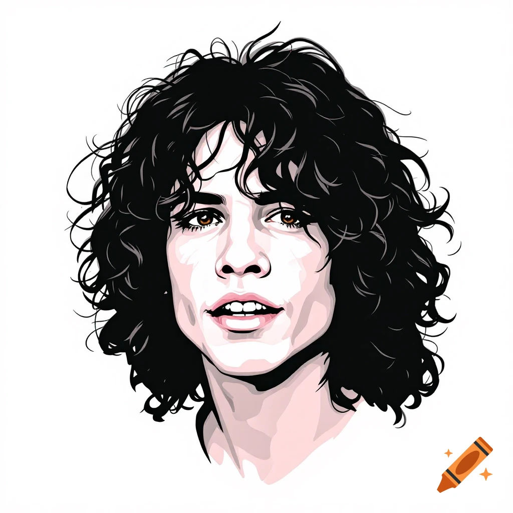 Vector art portrait of a person with long curly dark hair and brown eyes.