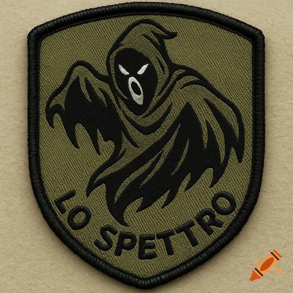 A green shield-shaped military patch featuring a black hooded ghost figure and black text that reads "LO SPETTRO".
