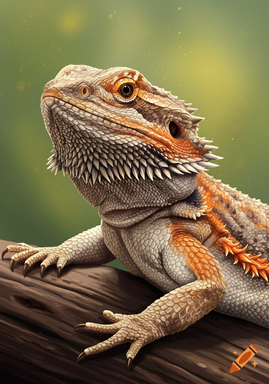 Close-up illustration of a bearded dragon on a branch