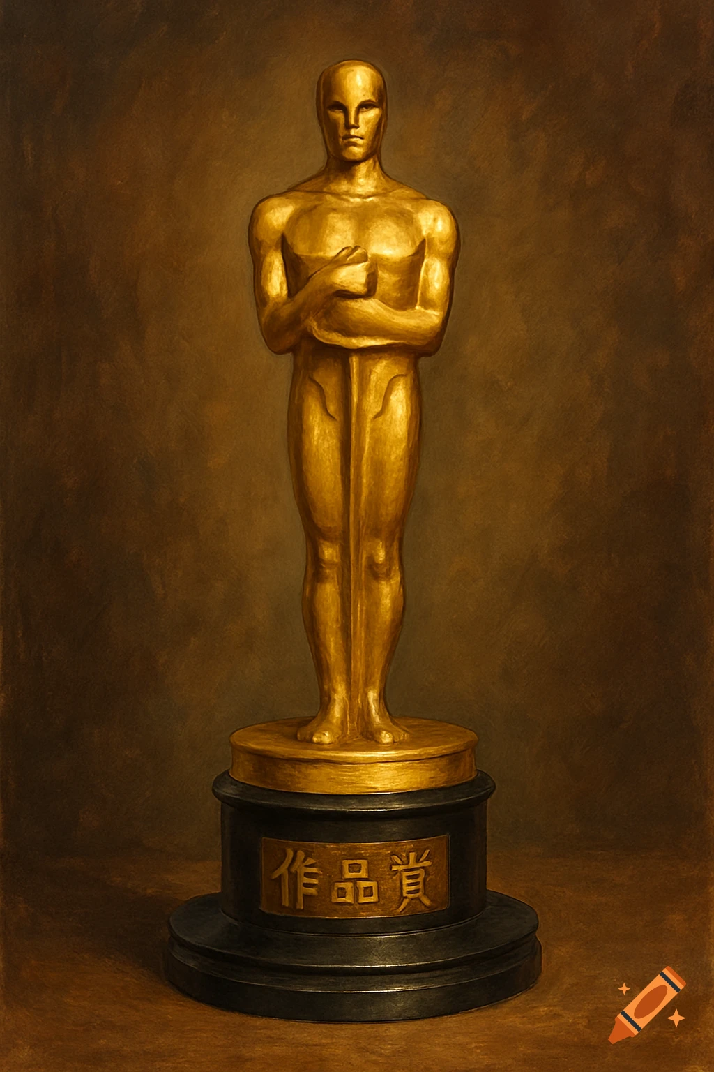 A golden Oscar trophy depicted in a painting style, with Japanese text on the base.
