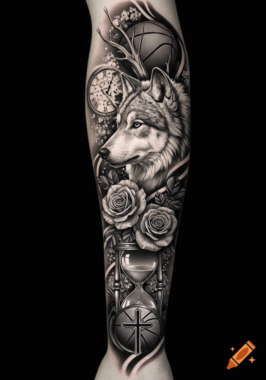 Black and white realistic forearm tattoo design with a wolf, roses, clock, hourglass, and basketball.