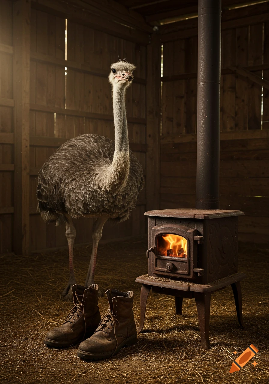 A photorealistic ostrich stands near a rustic wood stove with fire and a pair of boots in a barn.