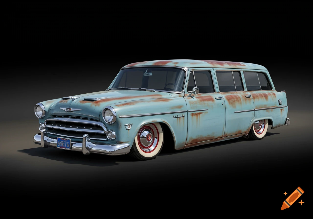 A rusty light blue 1954 Dodge station wagon lowered in rat rod style.