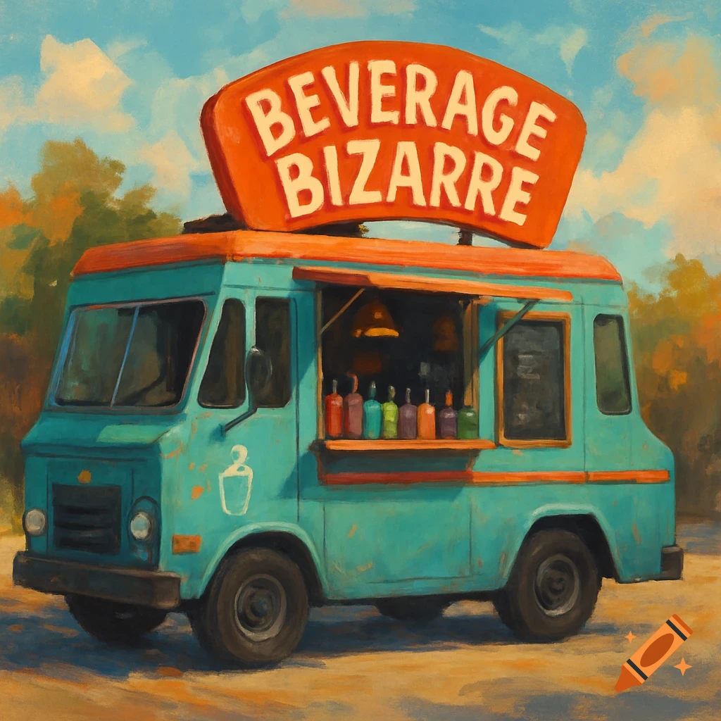 Painting of a teal food truck with an orange sign that reads 'Beverage Bizarre' selling drinks.