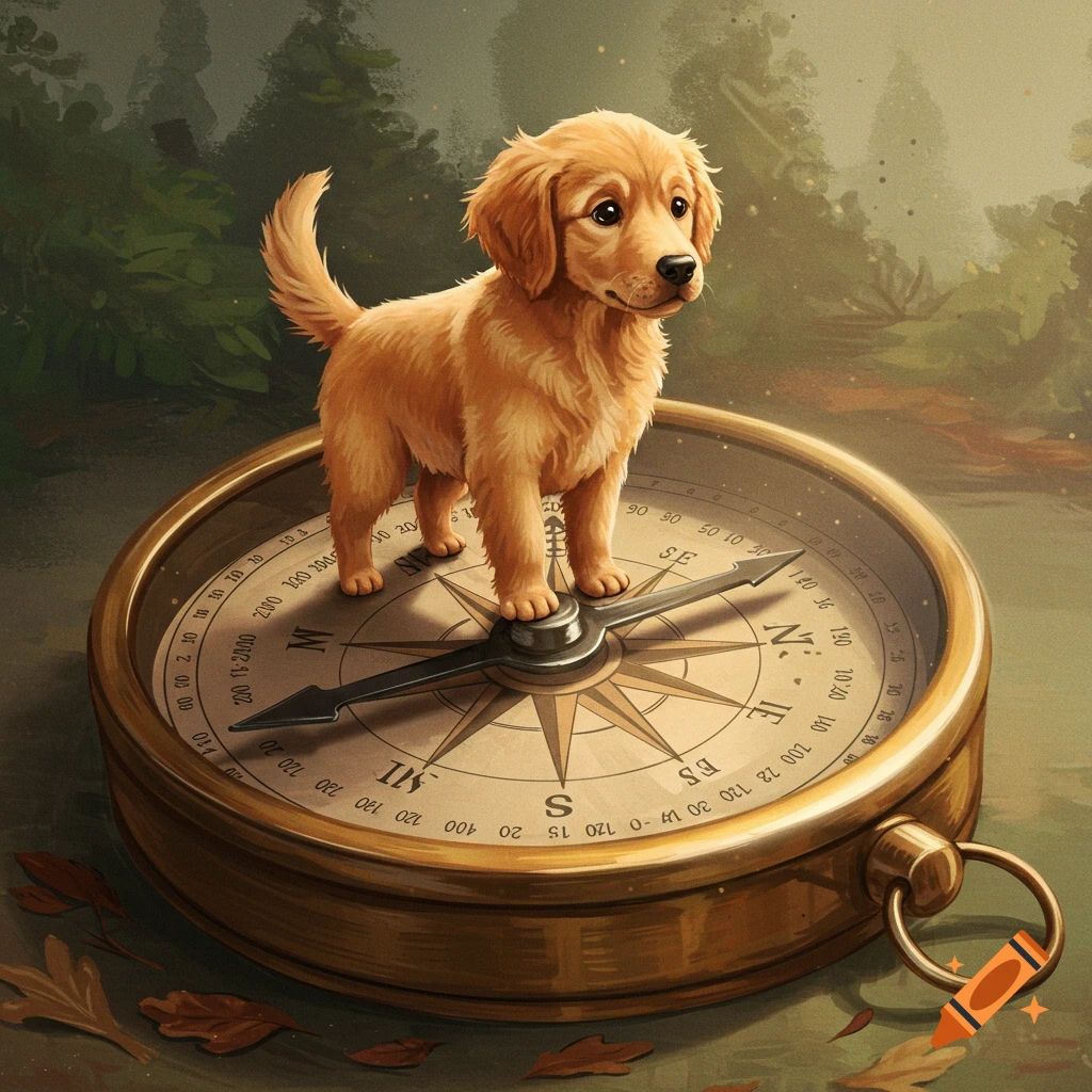 Illustration of a golden retriever puppy standing on a large brass compass in a forest.