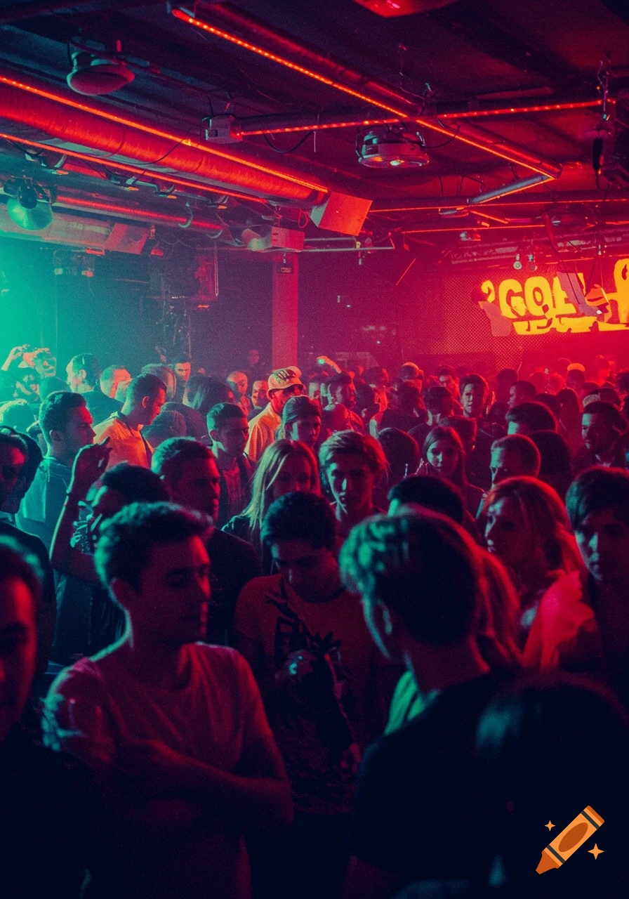 A grungy club filled with a crowd, lit by bright red and green neon lights.