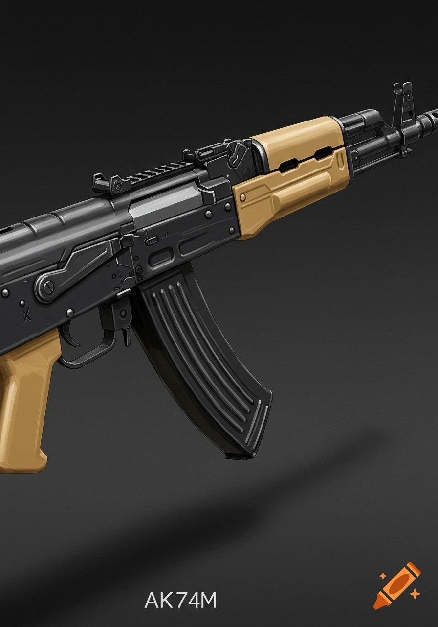 Illustration of an AK74M rifle with tan parts on a dark background.