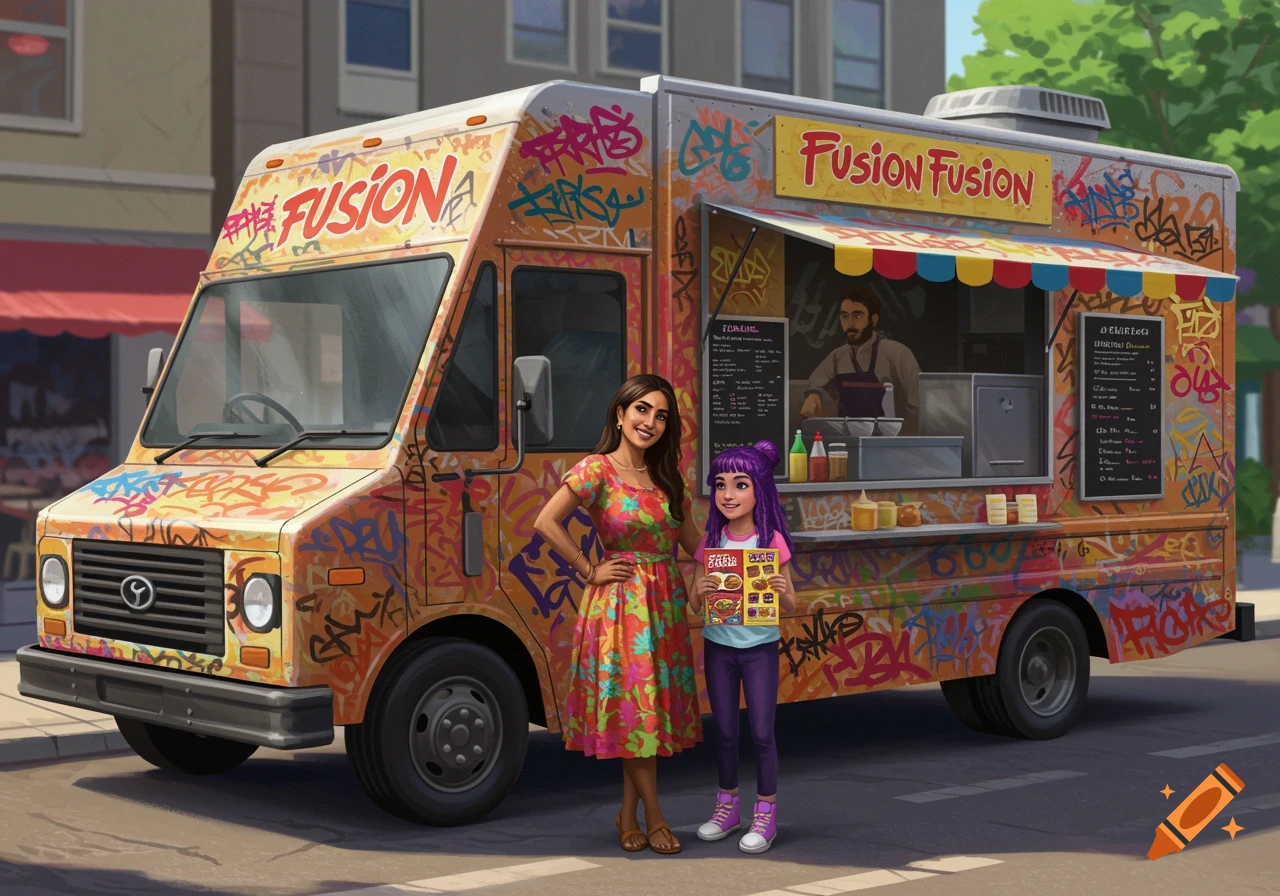 A colorful graffiti-covered fusion food truck with a mother and daughter standing next to it in an illustration style.