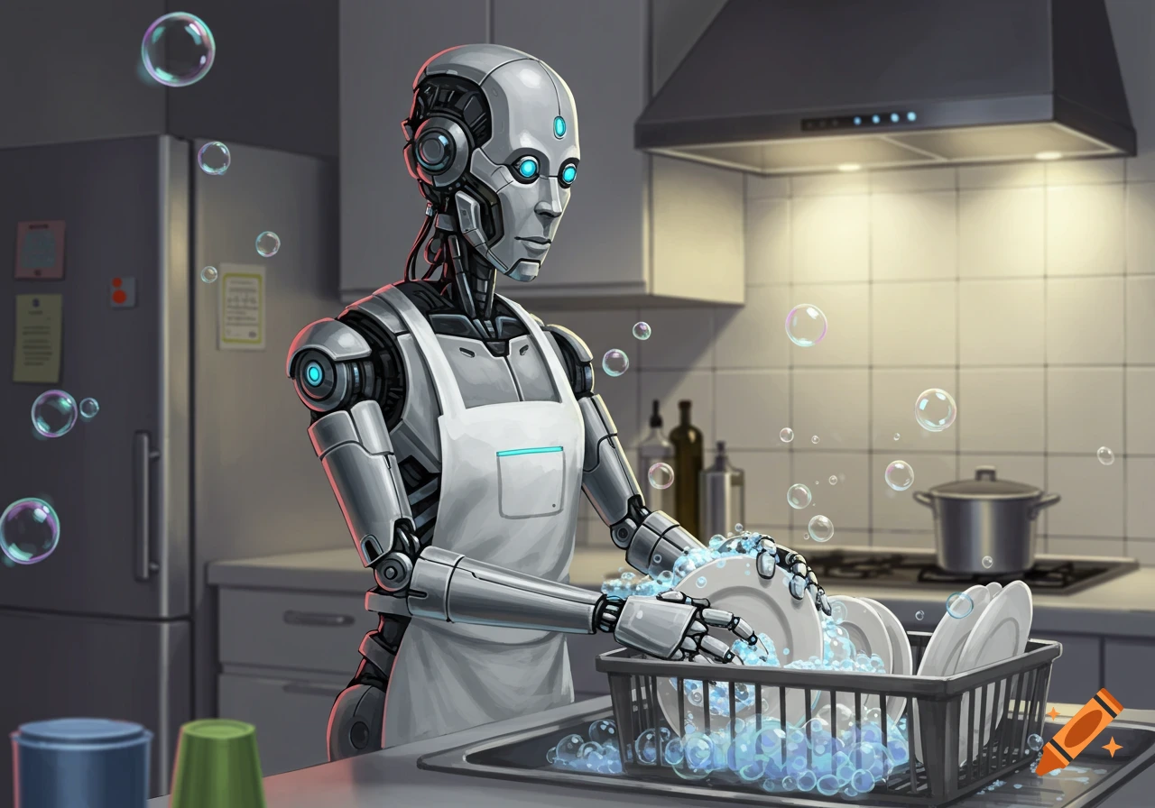 A detailed illustration of a robot wearing an apron and washing dishes in a kitchen sink.