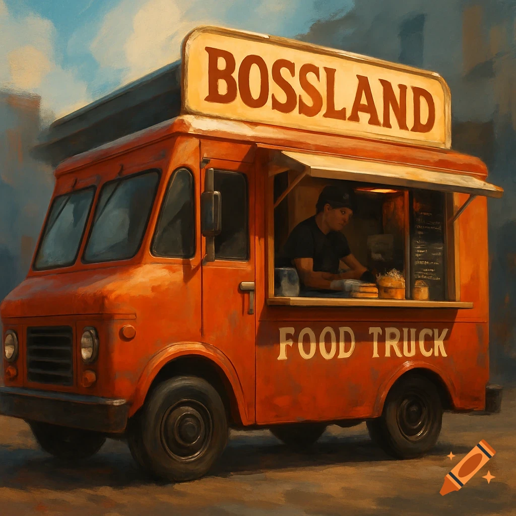 Painterly style image of a red food truck with 'BOSSLAND' on the sign and 'FOOD TRUCK' on the side, a person inside.
