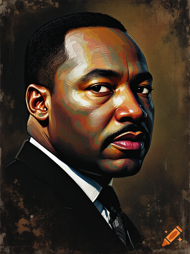Close-up portrait of Martin Luther King Jr. in a stylized painterly style.