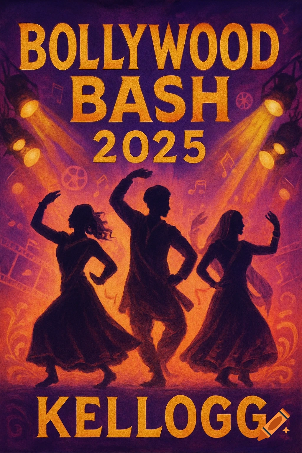 Poster for Bollywood Bash 2025 at Kellogg, showing silhouettes of dancers under stage lights with film and music motifs.