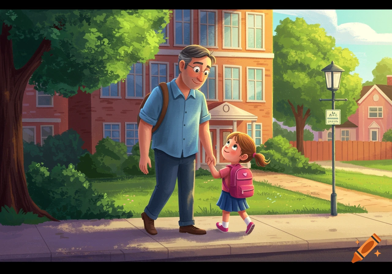 Illustration of a father holding his daughter's hand, walking on a sidewalk towards a building, with trees and houses in the background.