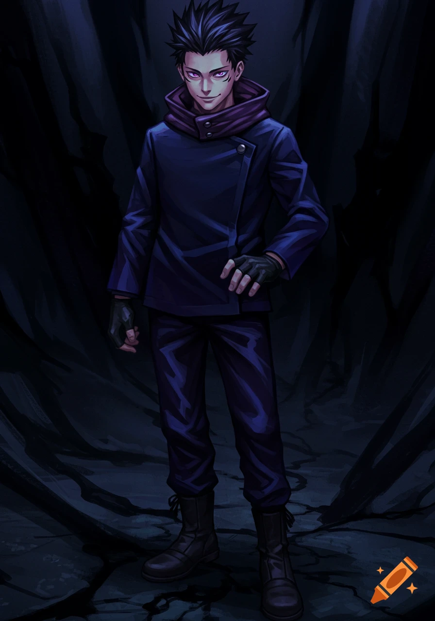Anime character with dark hair and purple eyes stands in a dark environment.