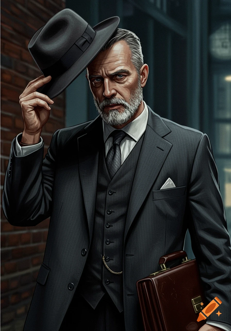 Illustration of a private investigator in a suit tipping his hat.
