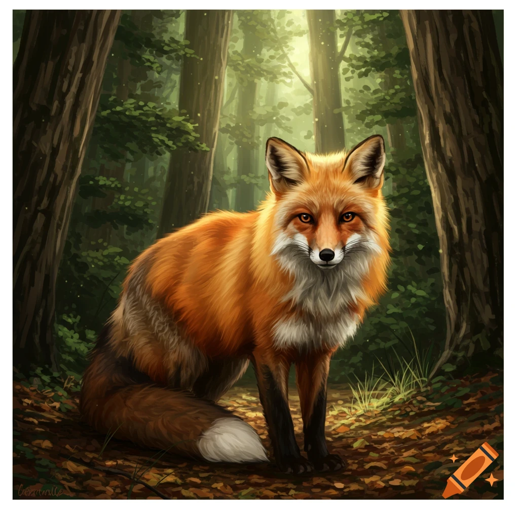 A majestic red fox sits in a sunlit forest clearing, looking towards ...