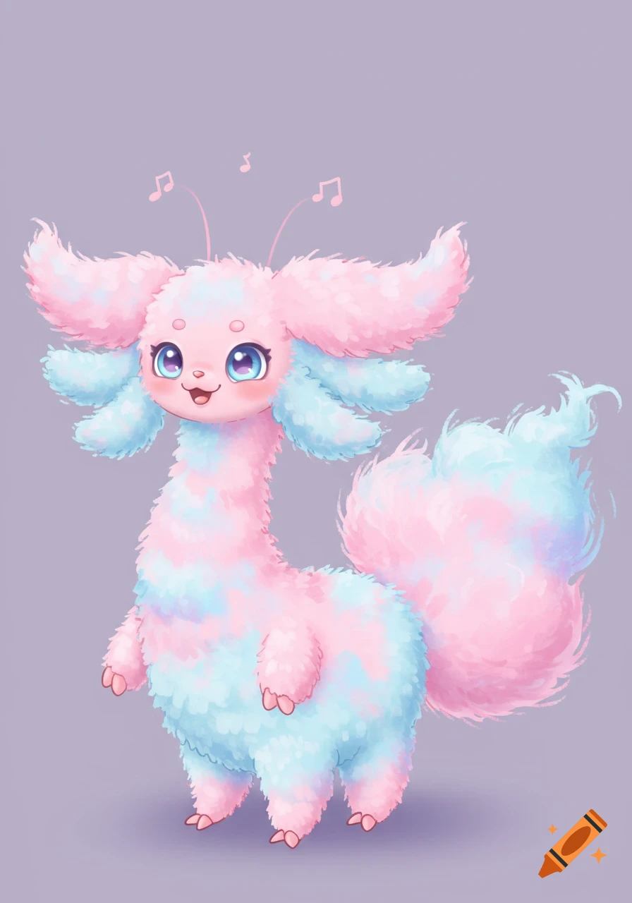 A cute pink and blue fluffy cartoon monster with big eyes and musical ...