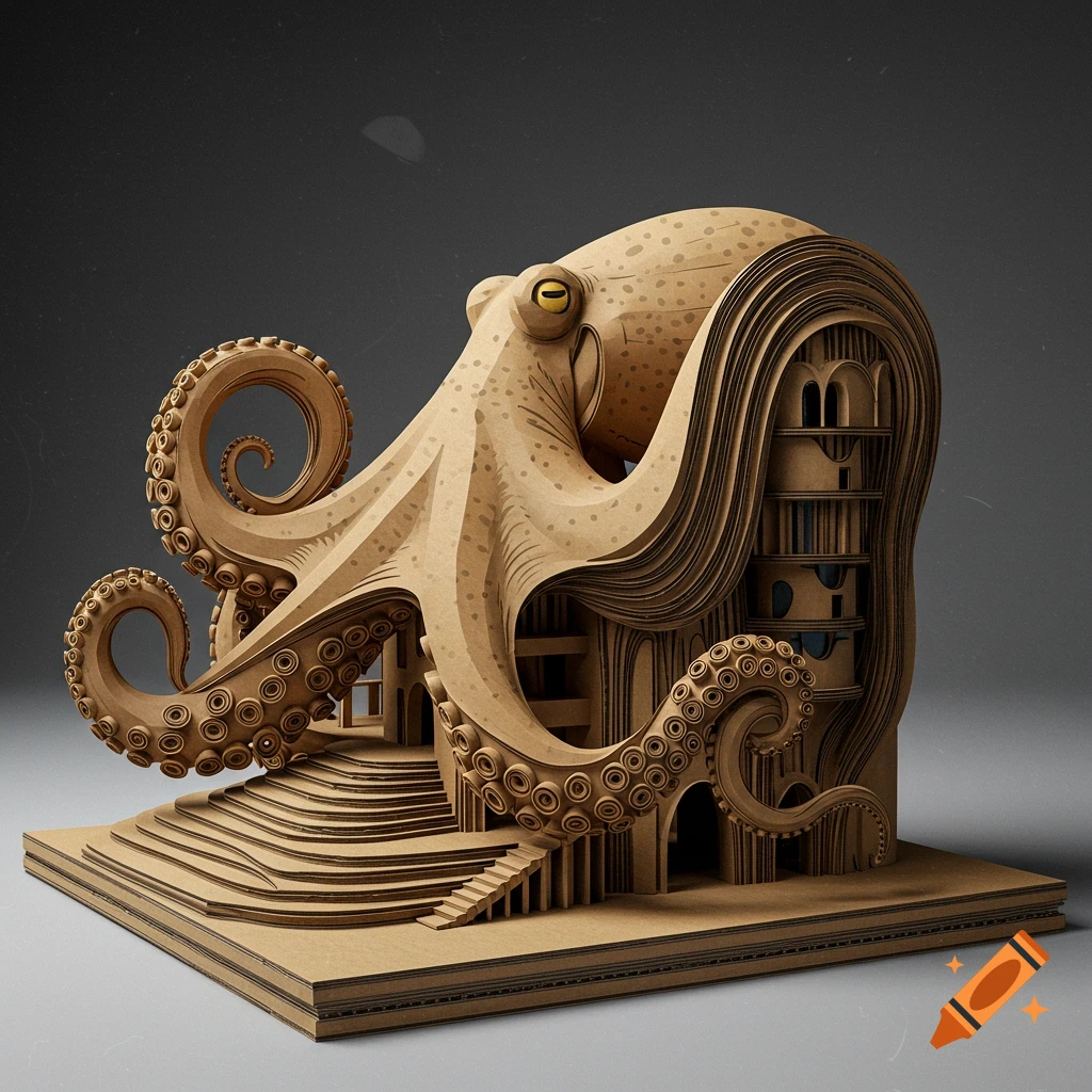 Cardboard sculpture of an octopus integrated with architecture.