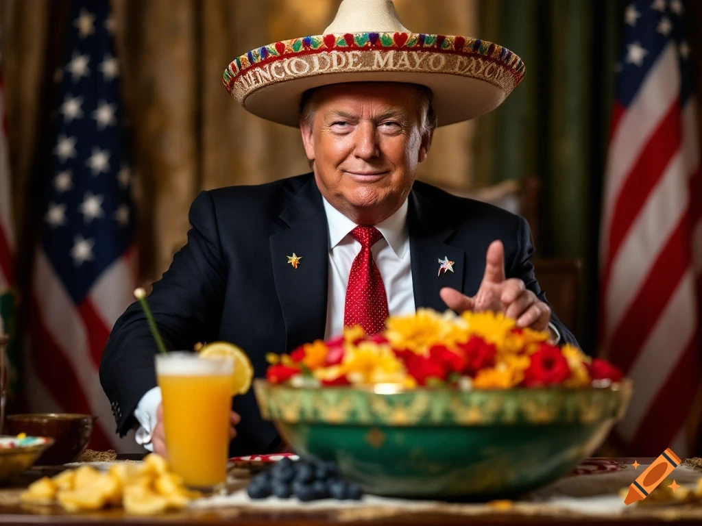 Donald Trump wearing a sombrero at a table with food, a drink, and US flags behind him.