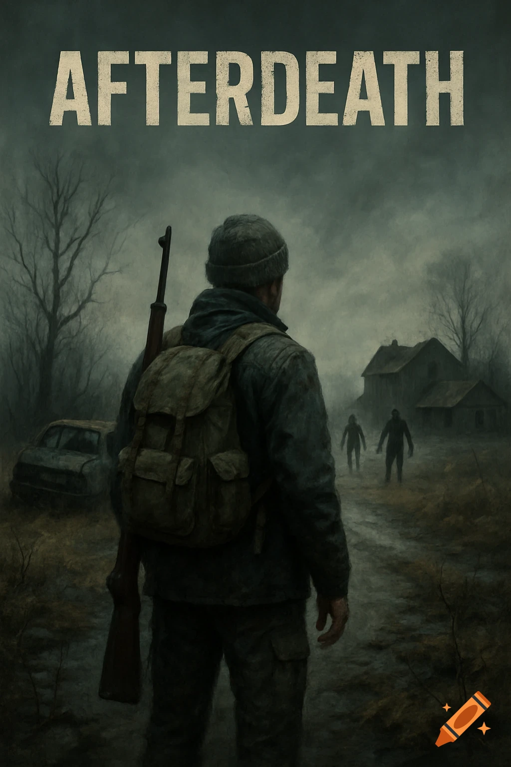 Person with rifle and backpack looks at figures in gloomy post-apocalyptic landscape. Title: AFTERDEATH.