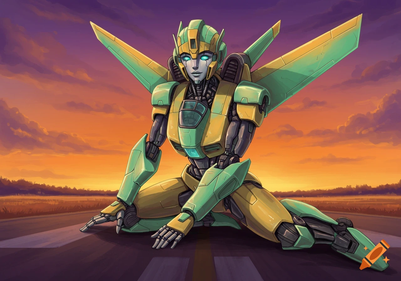 A female Transformer robot in yellow and mint colors sits on an airfield runway at sunset.